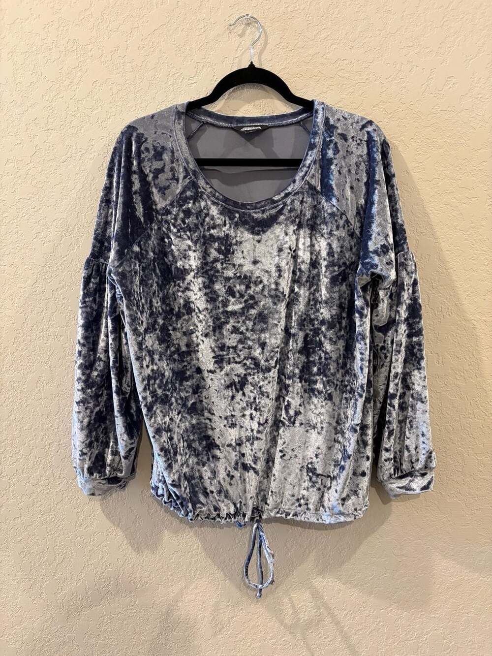 Project Runway Women's Long Sleeve Crushed Velvet Drawstring Top - Slate Blue XL